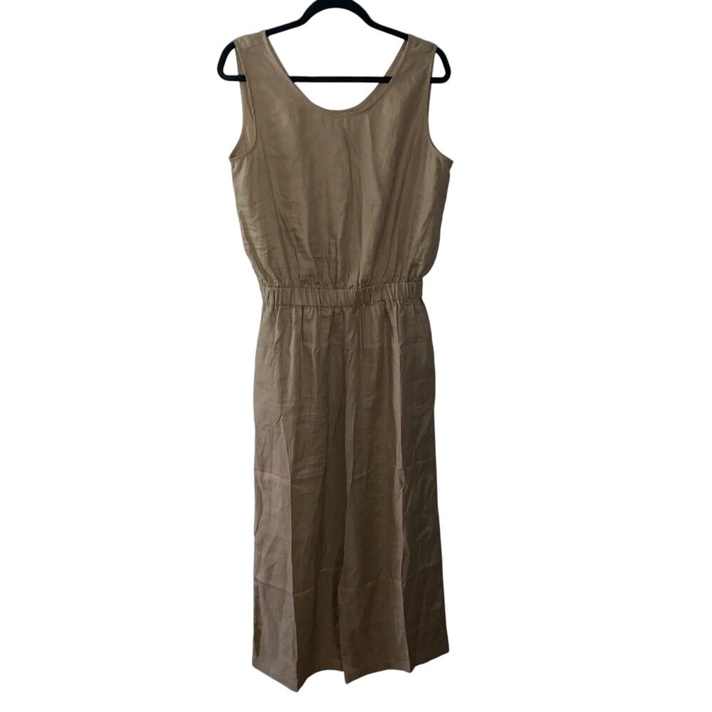 Hannah Canvas Linen Wide Leg Jumpsuit Beige Tan Size Large Elastic Waist Pockets